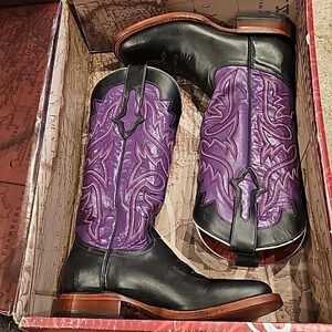 Lucchese Womens Handmade Black Oil Calf/Electric Purple Shaft Western Boot